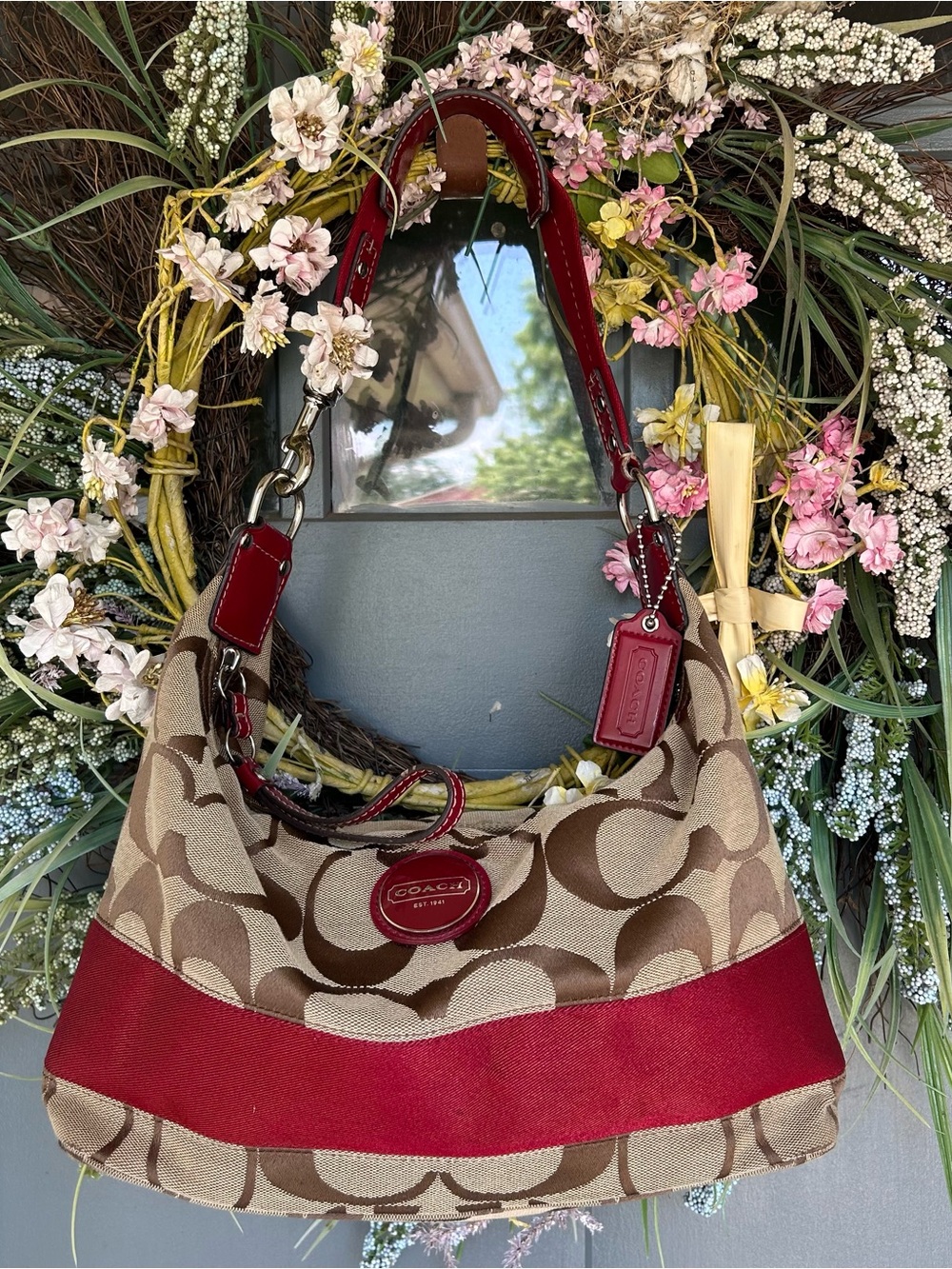 Vintage Y2K Coach signature stripe Hobo bag with Red Trim